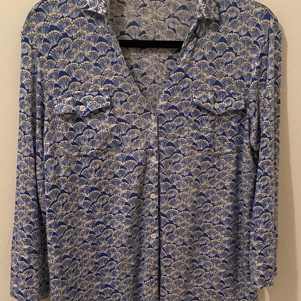 J. McLaughlin Blue Patterned Linen Women's Top
